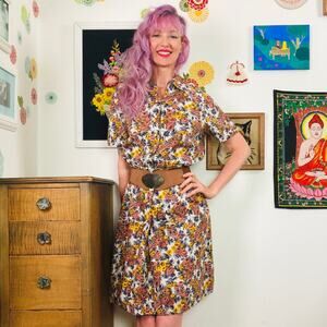 Vintage Floral Day Dress, 1950s Brown & Gold Cotton Flower Print Button Front Lg